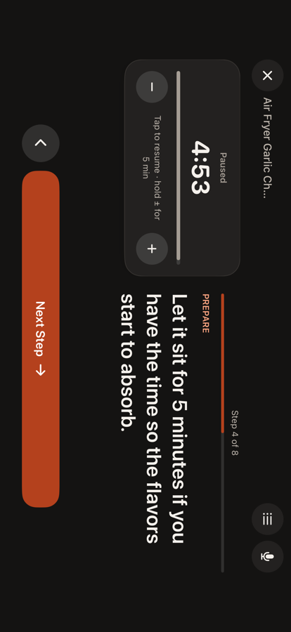 Pinch cooking step with a running timer