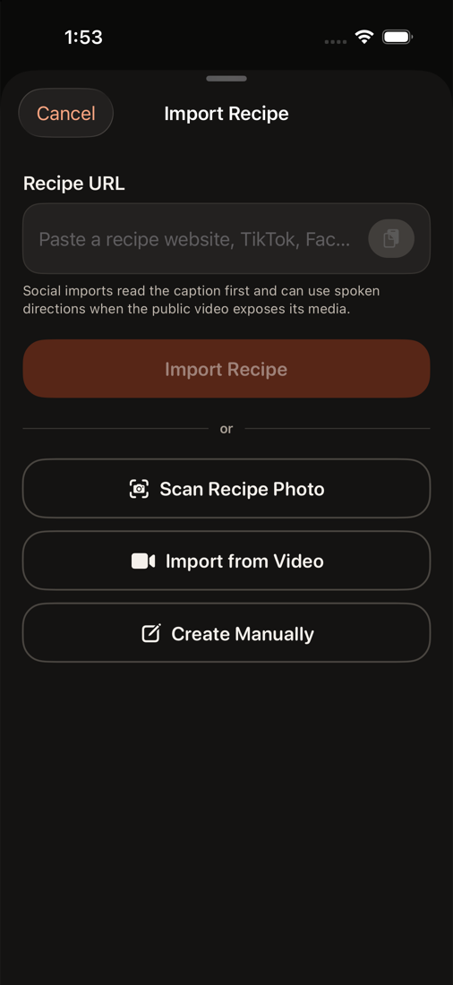 Pinch's Import Recipe screen with a field for pasting a TikTok, Facebook, or recipe website link
