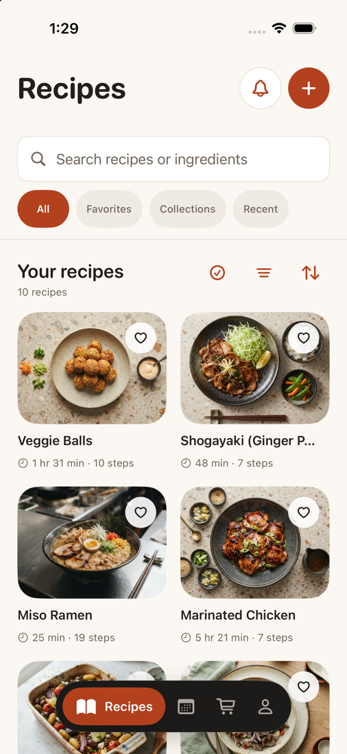 Pinch recipe library with saved recipes