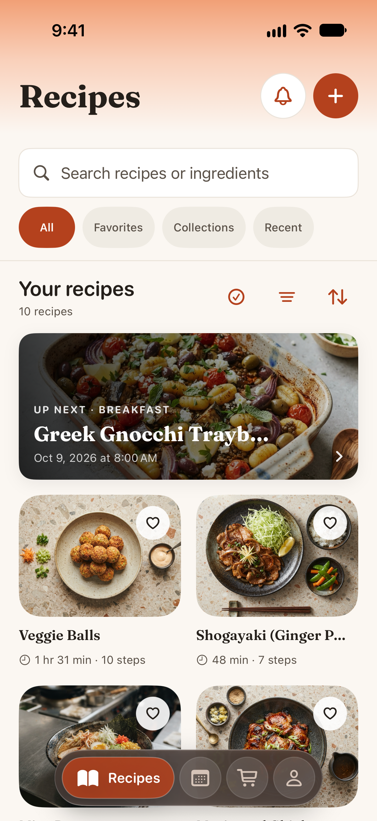 The Pinch Recipes tab in light mode: a grid of recipe photos with a search bar and filter chips above.