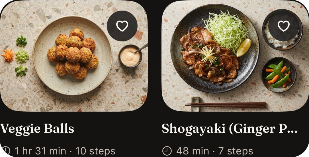 Two Pinch recipe cards in dark mode, each with a photo, a serif title and cooking time.