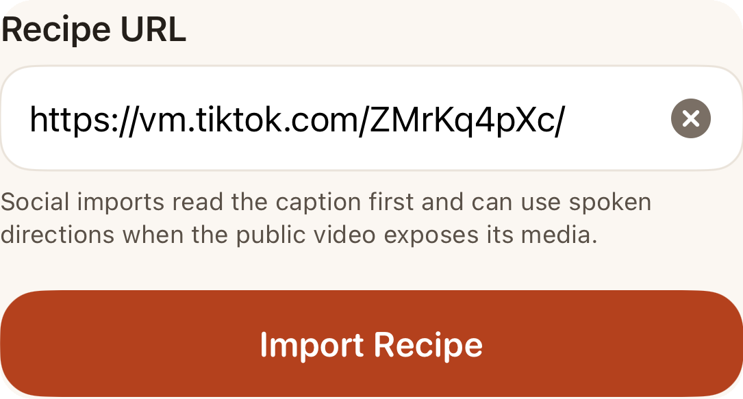 The Import Recipe sheet with a video link pasted and the Import button ready.