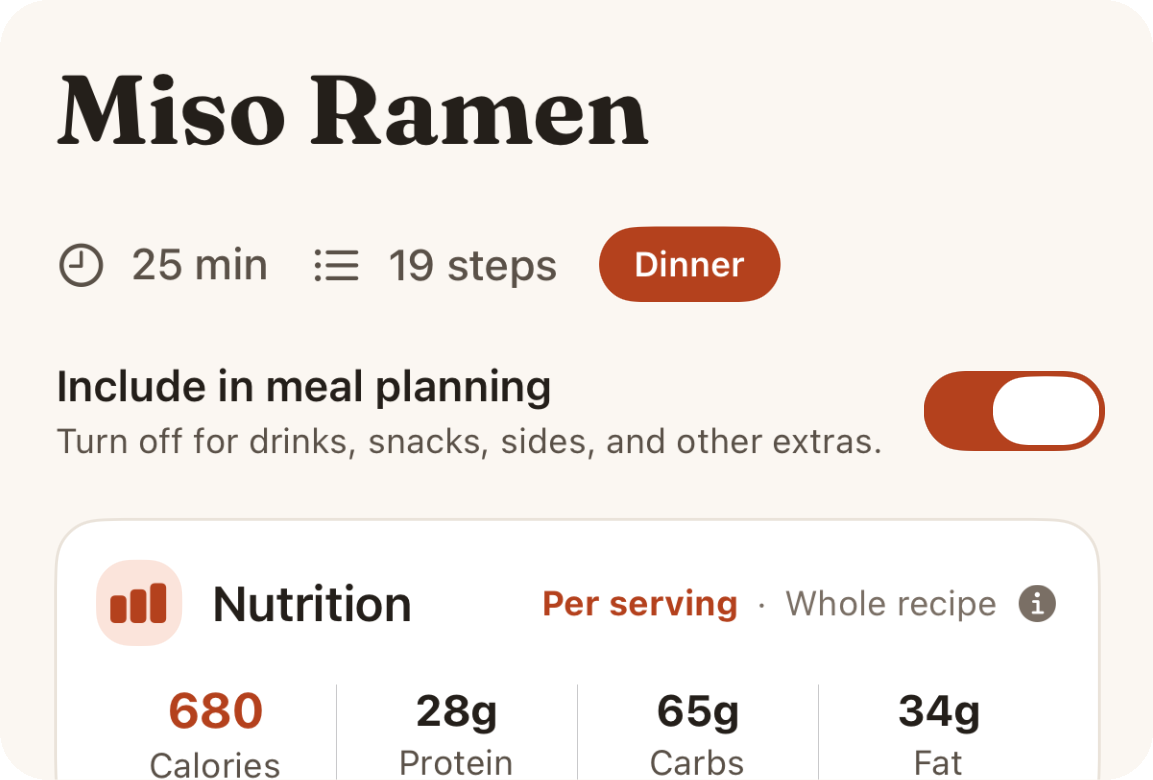 A recipe page header with a large serif title, a servings control and the first ingredients.