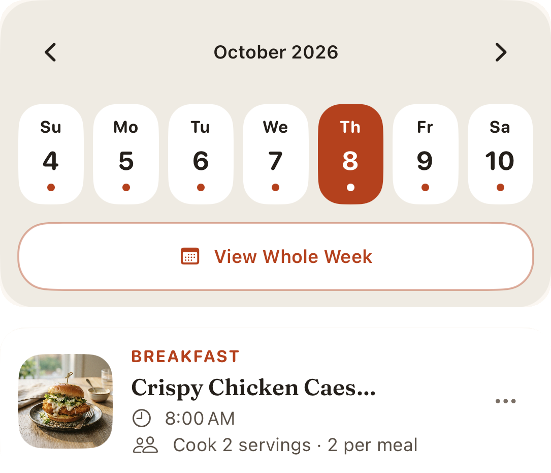 The Plan tab with the week day strip and the selected day’s meals.