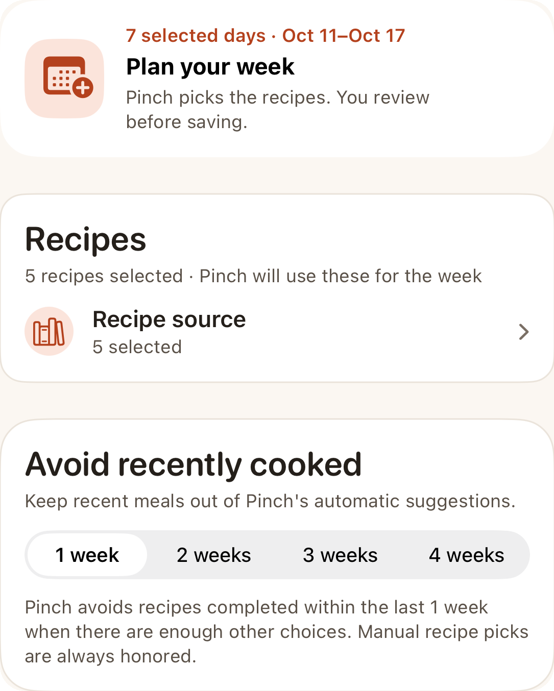 The weekly planner sheet with dates and meals chosen, before Pinch fills the week.