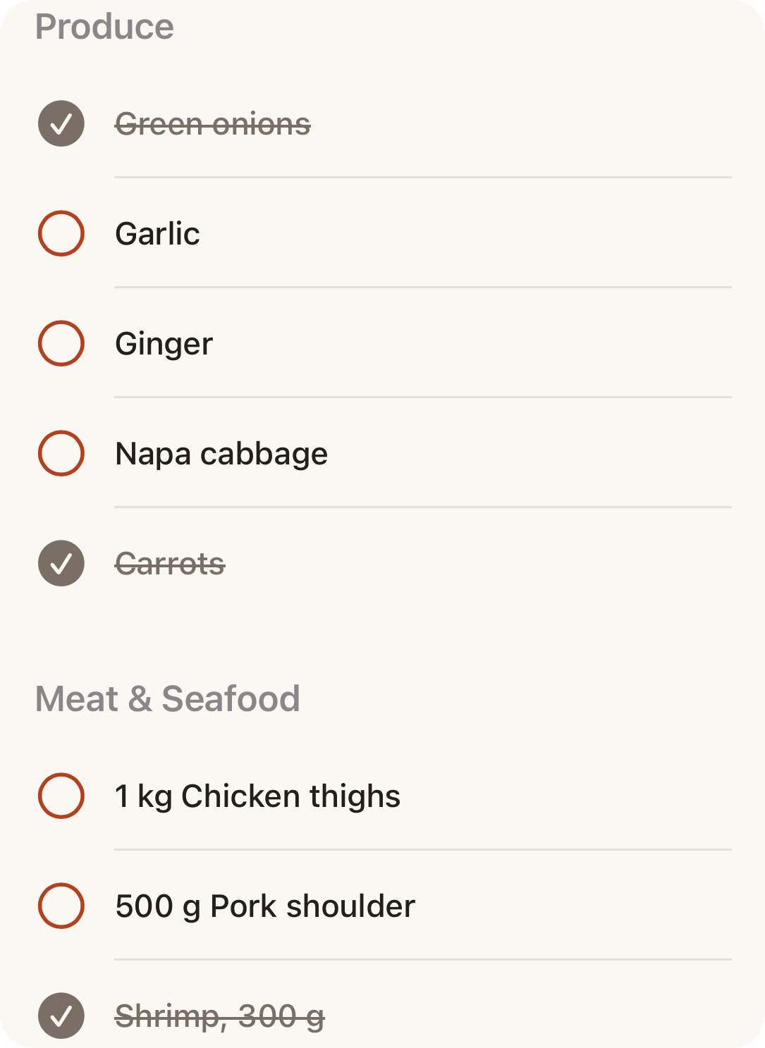 Two aisle sections of the shopping list with some items checked off.