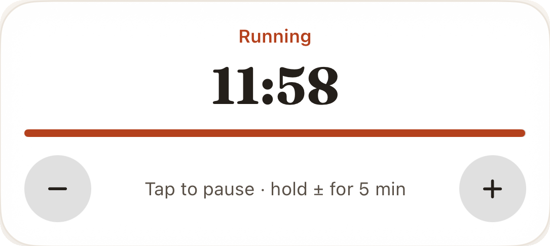 Cooking mode showing a large countdown timer above the current step.